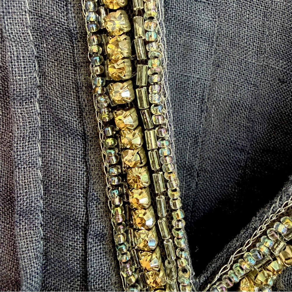 120%‎ Lino Navy Beaded Linen Blouse Split Neck US 8 - Picture 4 of 14